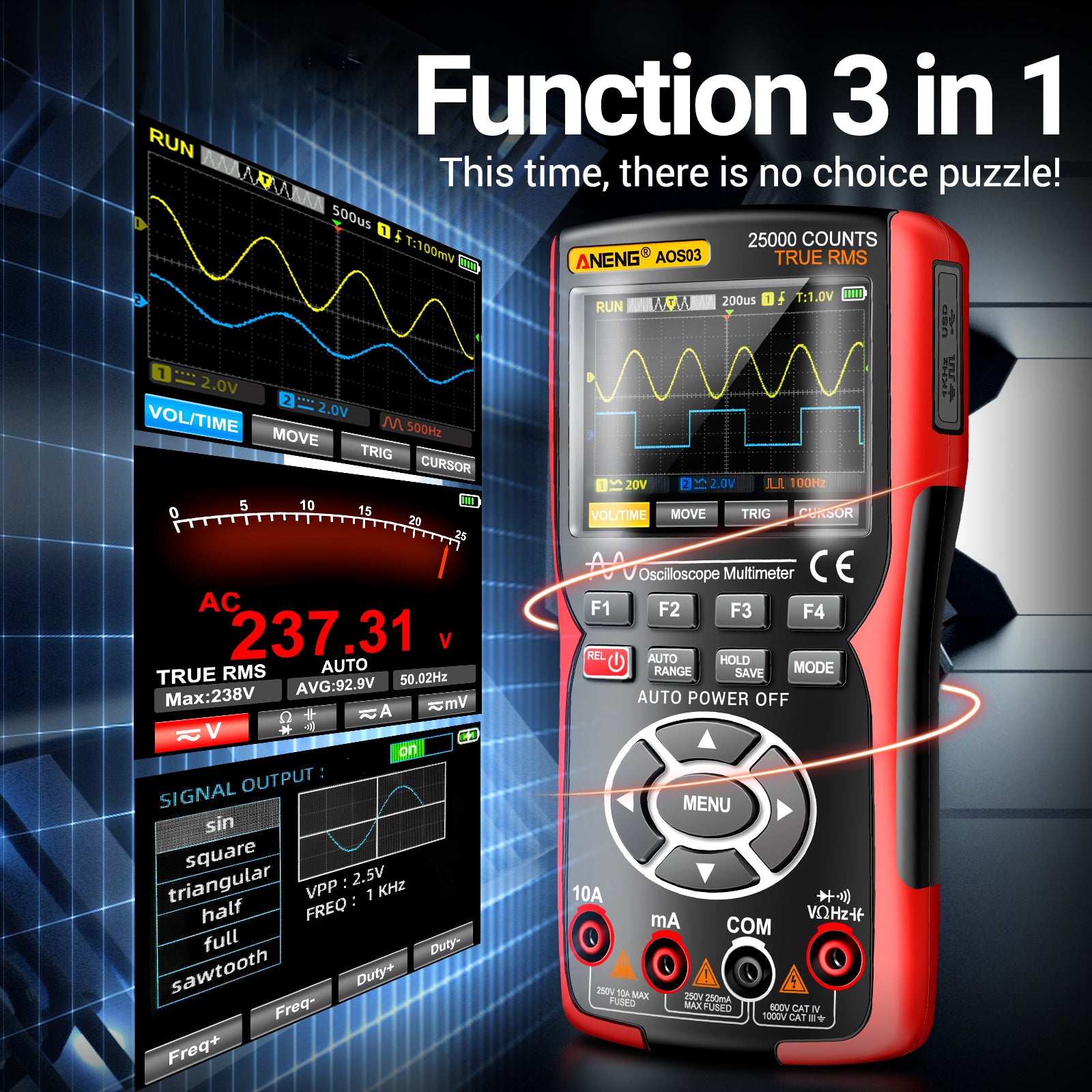 ANENG AOS03 Digital Oscilloscope Multimeter Signal Generator Waveform Output Handheld Multimeter ANENG AOS03 Digital Oscilloscope Multimeter Signal Generator Waveform Output Handheld Multimeter